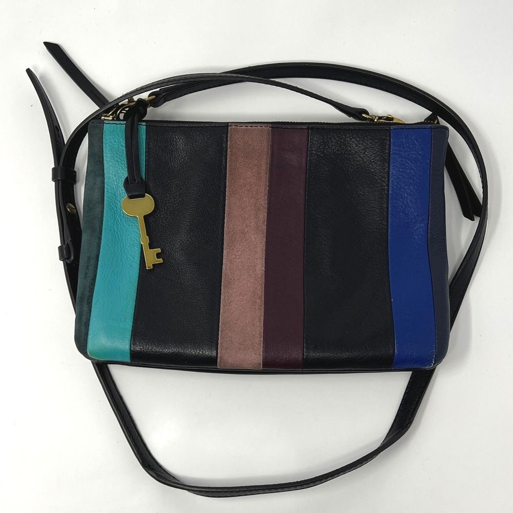 Fossil Devon Crossbody Bag‎ Black Multi Color Patchwork Leather Suede ZB7662425